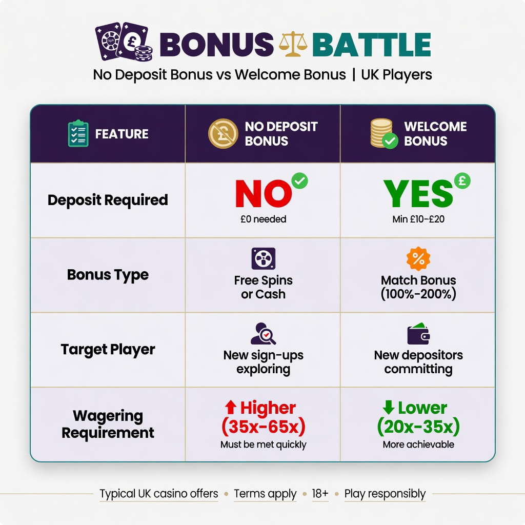 Clean infographic table comparing No Deposit Bonus and Welcome Bonus. Shows whether a deposit is required, the typical bonus type (free spins/cash vs match bonus), who it suits best (new sign-ups vs new depositors), and which wagering requirement is usually higher or lower.