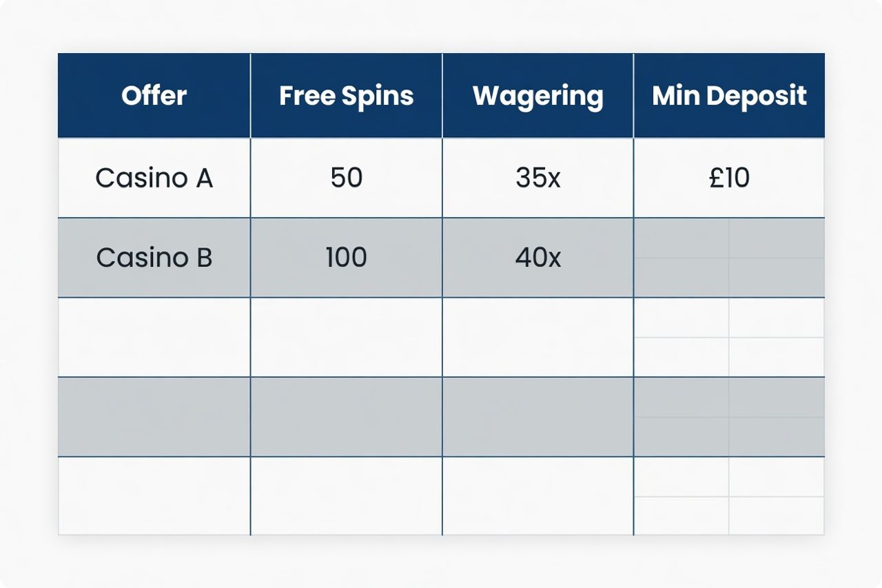 Comparison table of four casino offers showing the number of free spins, wagering requirements, and minimum deposits.