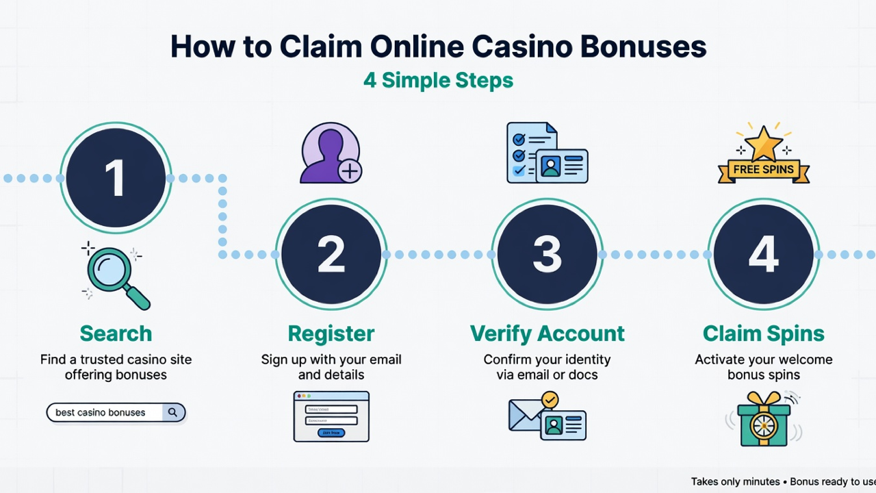 Four-step infographic showing how to claim no-deposit free spins: 1) Search, 2) Register, 3) Verify account, 4) Claim spins.