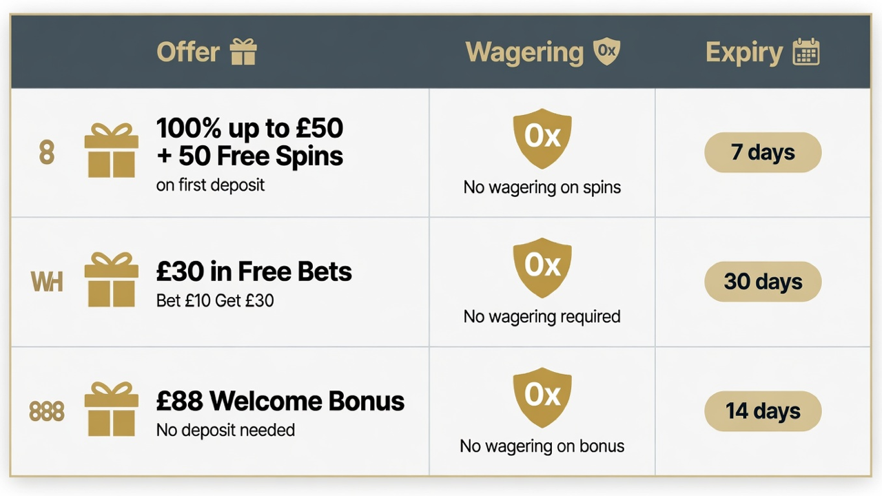 Comparison table graphic of UK no-deposit casino offers showing Offer, Wagering requirement (including 0x for no wagering), and Expiry with simple icons.