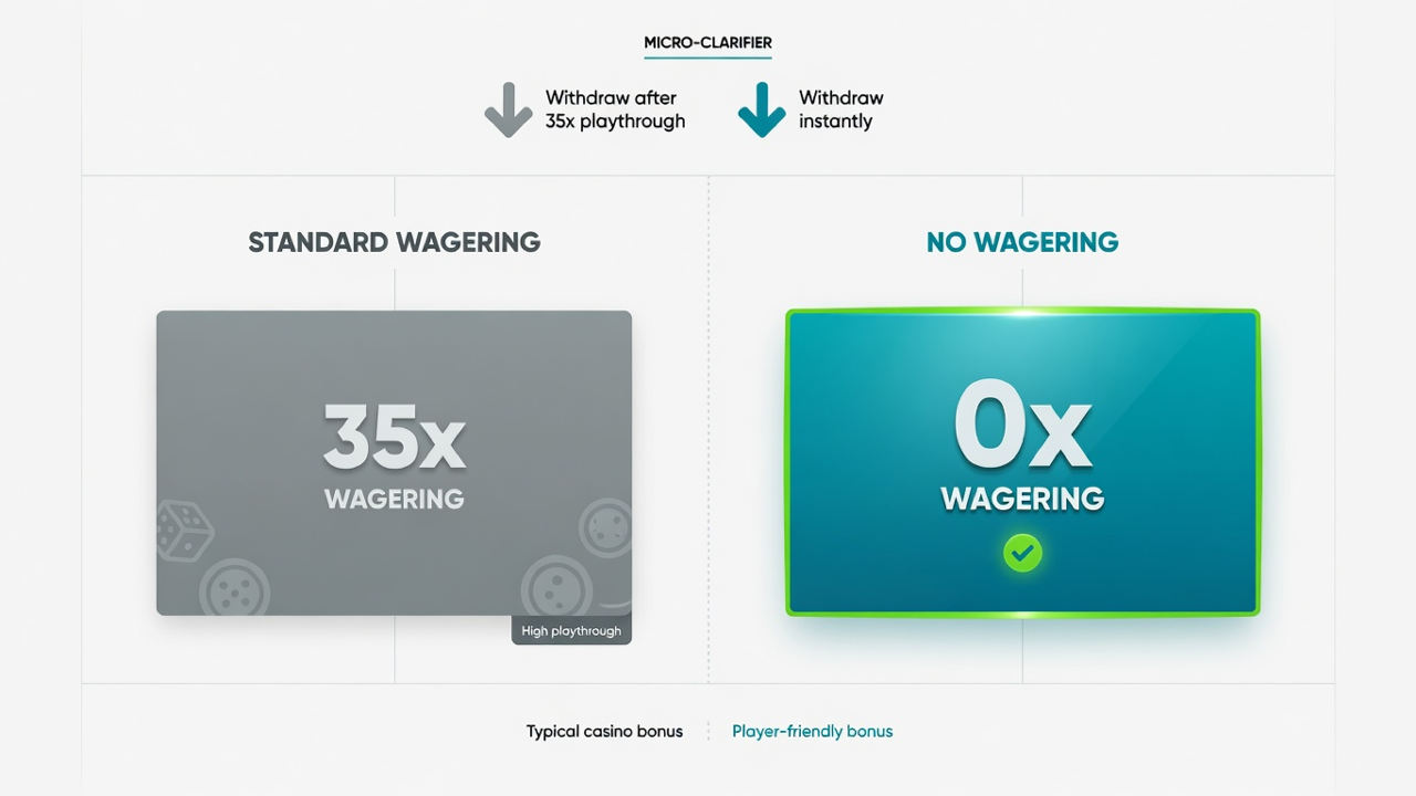 Side-by-side comparison graphic contrasting Standard Wagering (example shown as 35x) versus No Wagering, highlighted as 0x wagering.